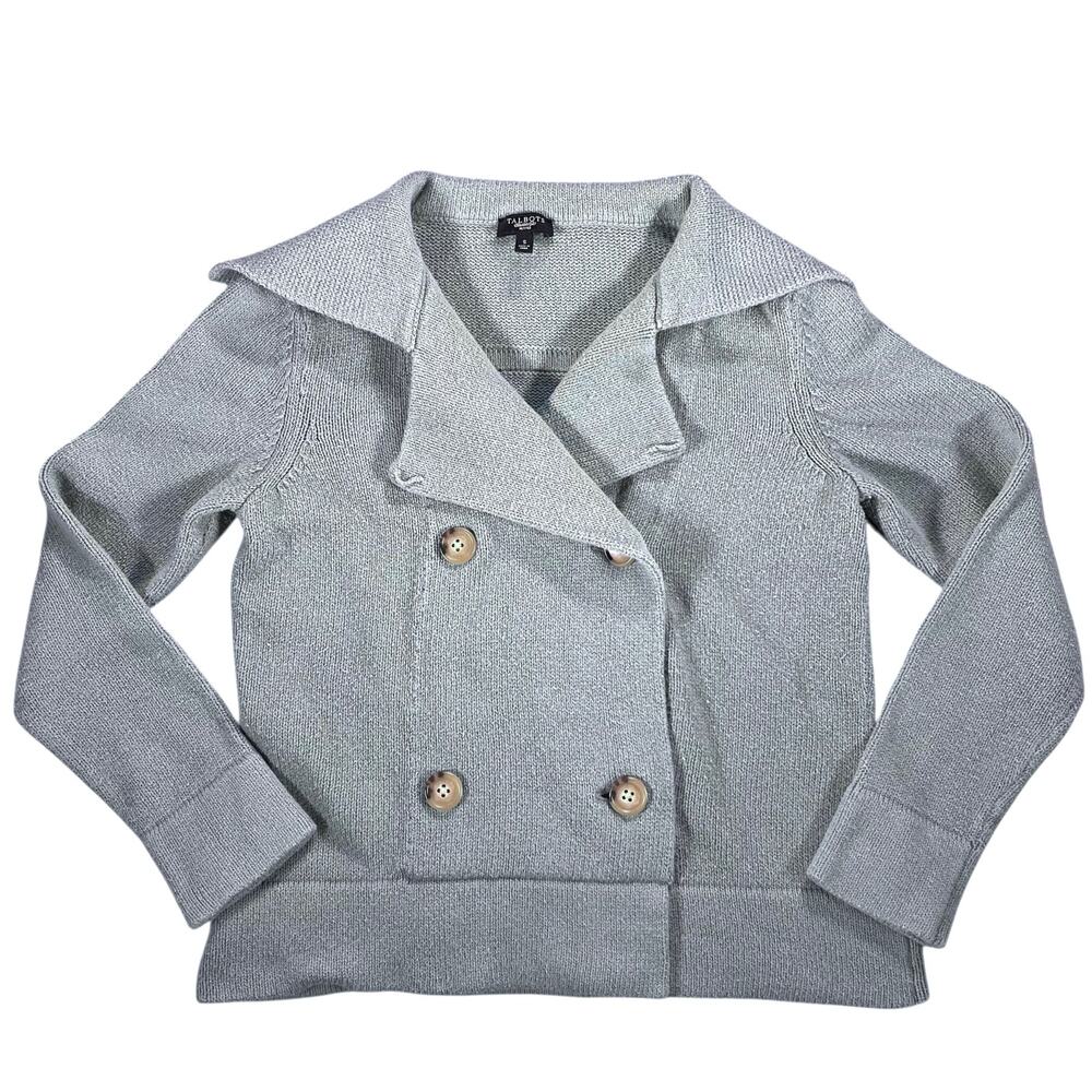 Talbots Petite Blue Cotton Knit Sweater Jacket Double Breasted Cozy